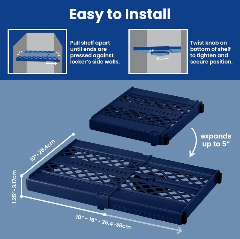 LockerMate Adjust-A-Shelf Locker Shelf, Extends to Fit Your Locker, Easy to Use, Perfect for School, Office, Gym, Blue, 2-Pack - Image 3